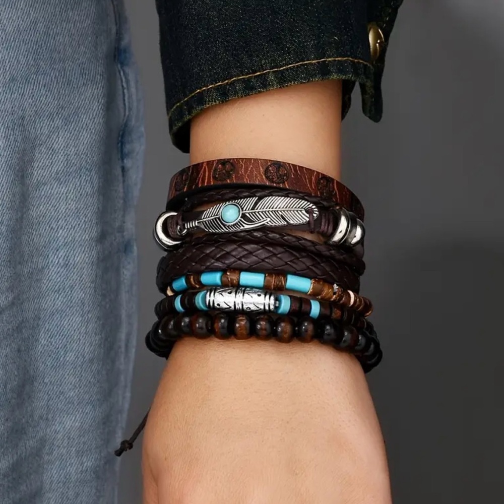 Unisex 5 pcs Turquoise Beaded Cowboy Bracelet] 5 pcs Bohemian Vintage